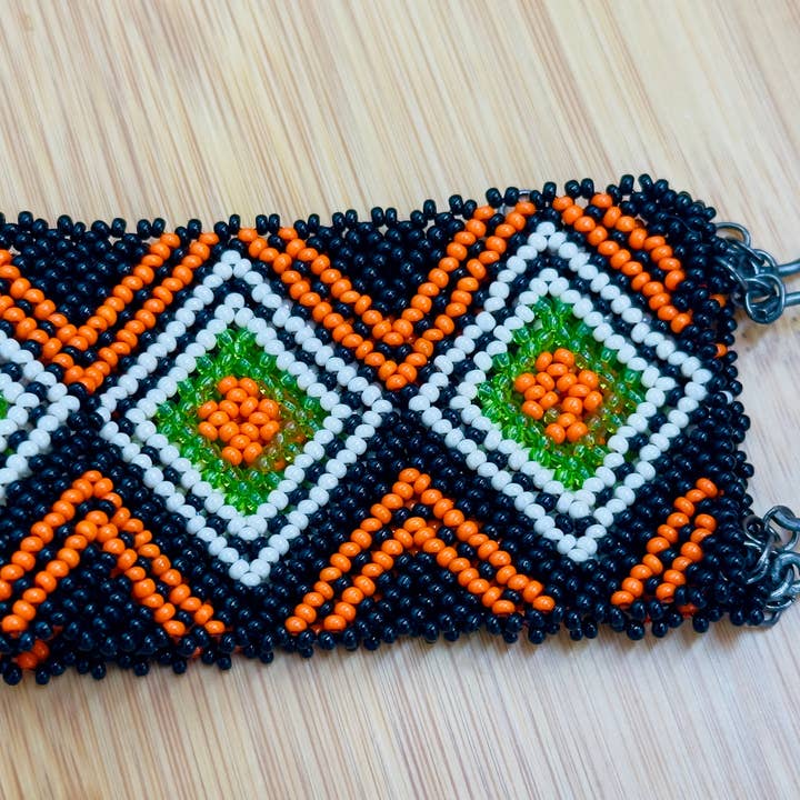 BEADS CORNER - Wholesale Cuff Bracelet - Handmade Geometric Beaded Cuff Bracelet – Black, Orange & Lime Green4