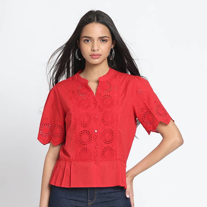 Red V-Neck Solid Short Sleeve Casual Blouse for Women for wholesale by Benares