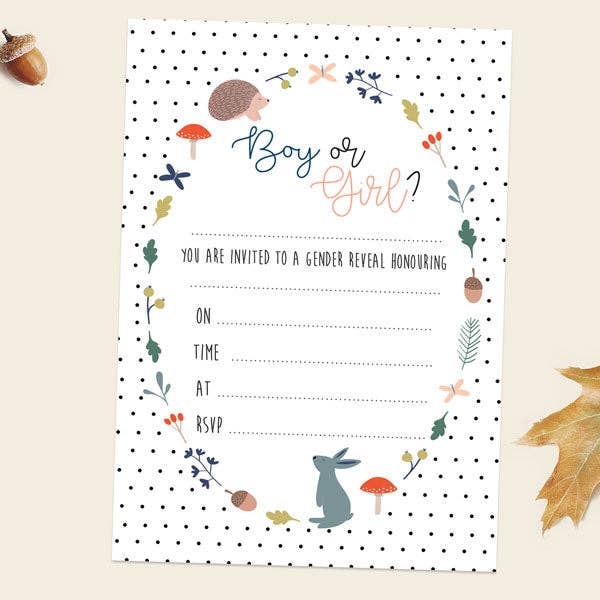 Gender Reveal Party Invitations Whimsical Forest Pack of 10 for wholesale by Dotty About Paper