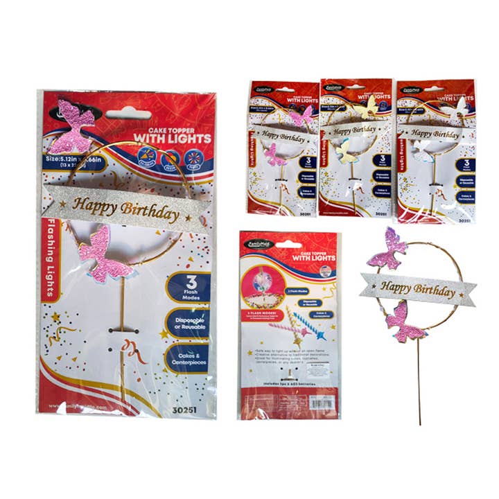 Adorno de pastel con luces Feliz Cumpleaños Azul, Rosa, Amarillo para venta al por mayor de Deluxe Import Trading
