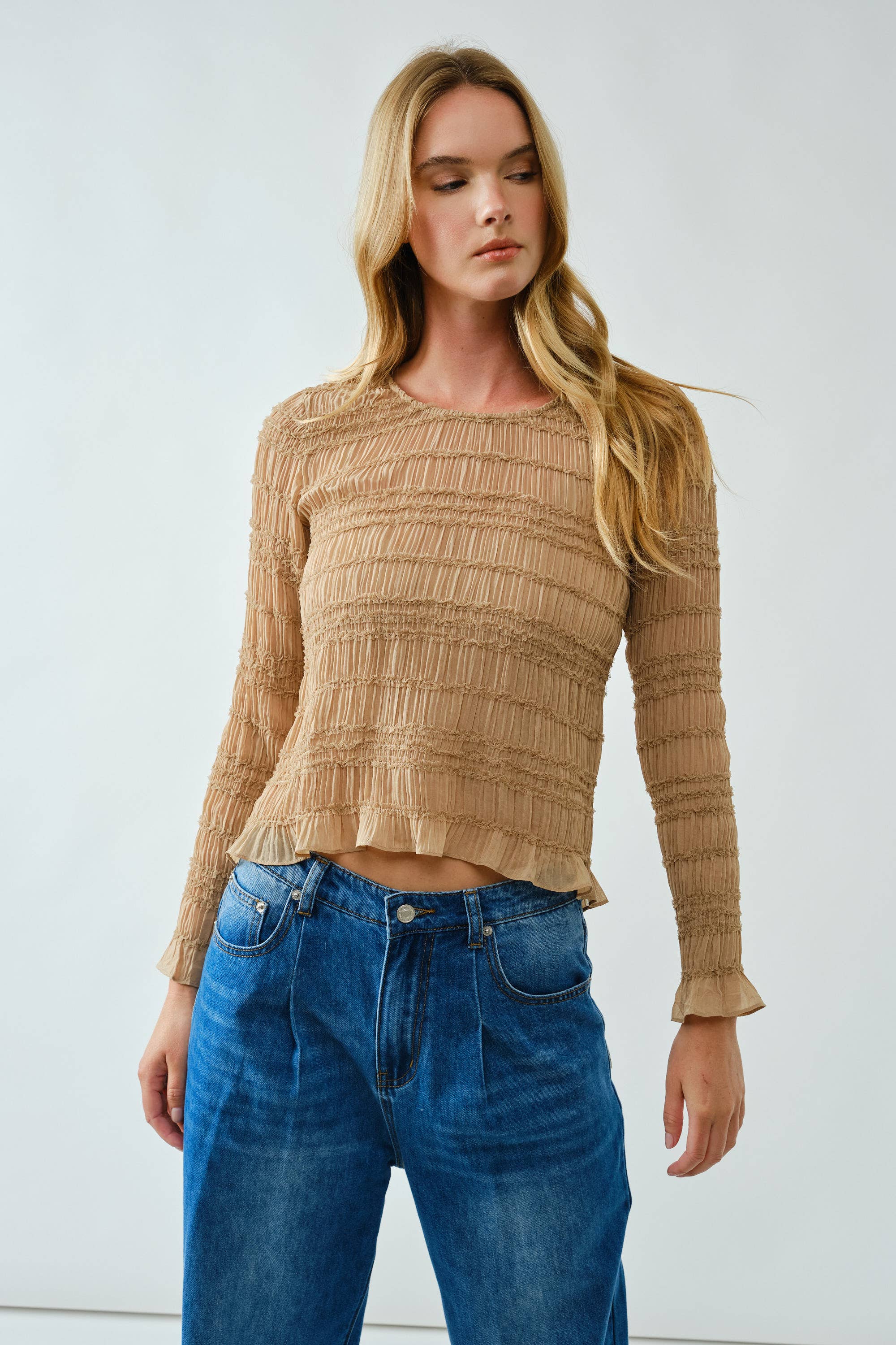 Aaron & Amber - Wholesale Knit Top - Women's - AJT5432 LACE DETAIL SHEER SMOCKING TOP3