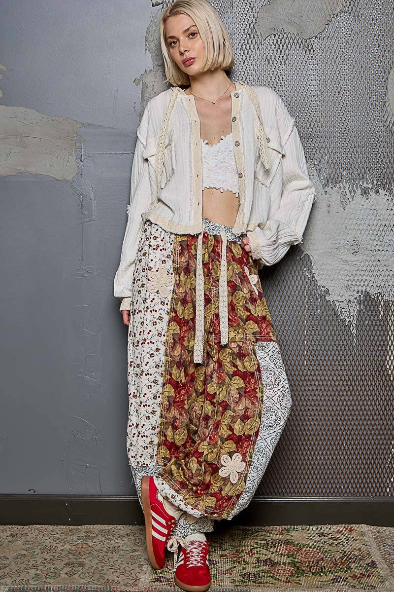 Pol Clothing - Wholesale Pants - Women's - Crochet patch detail contrast patchwork printed woven pants14