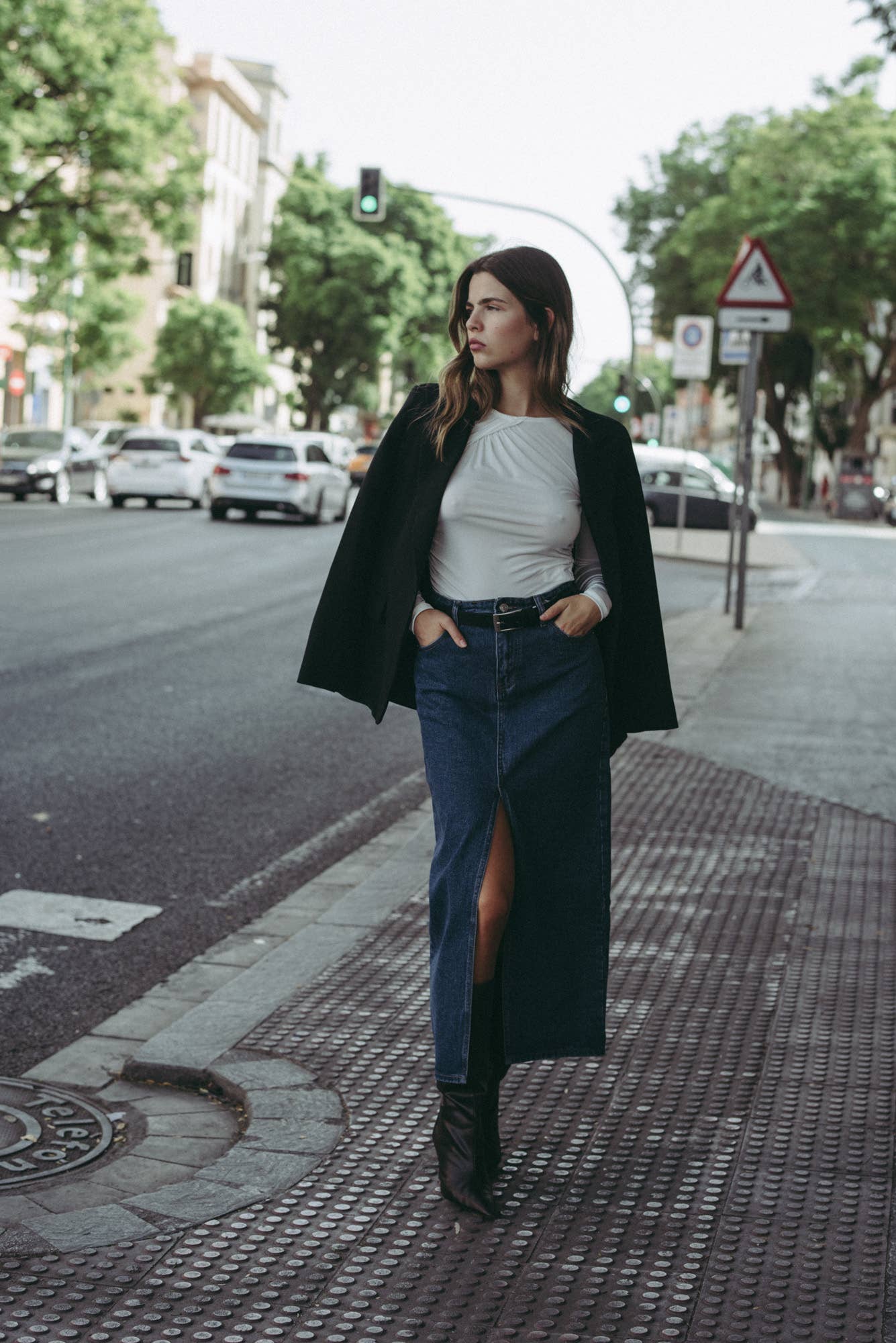 TEXAN LONG DENIM SKIRT WITH SLIT for wholesale on Faire