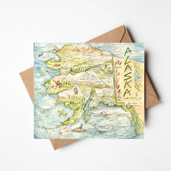 Carte de vœux avec carte de l'État de l'Alaska pour la vente par Hiker Booty