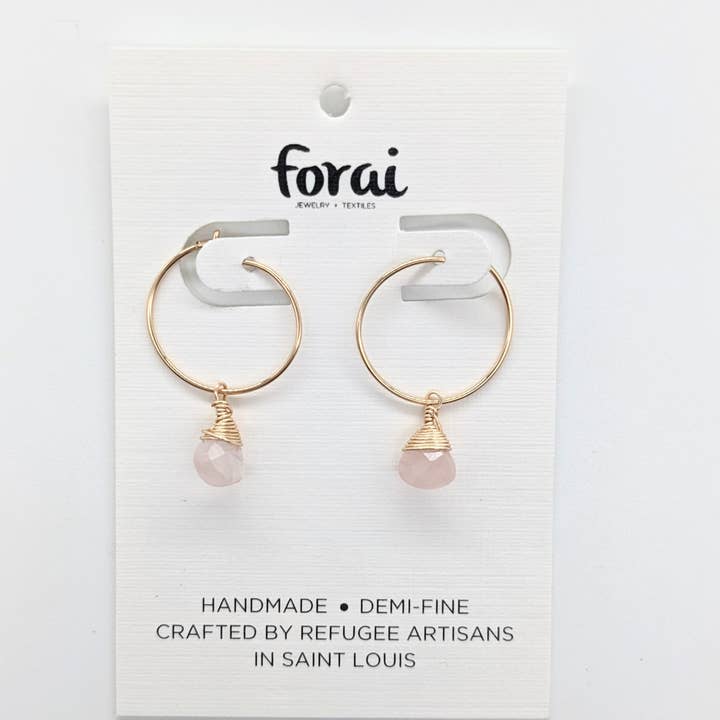 Forai - Wholesale Dangle Earrings - Rose Quartz Charm Mini Hoop Earrings in 14k Gold Filled5