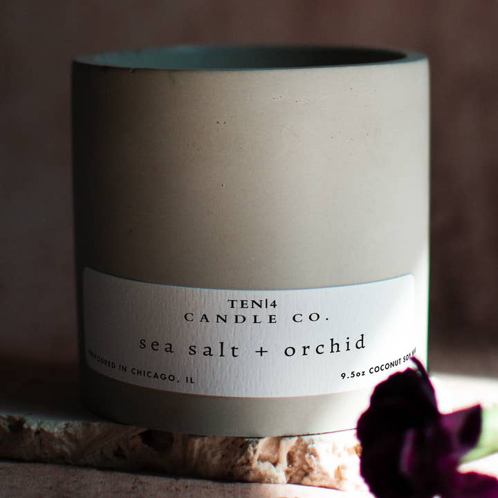 Sea Salt + Orchid - 9.5 oz Concrete coconut soy wax candle for wholesale by TEN|4 Candle Co.