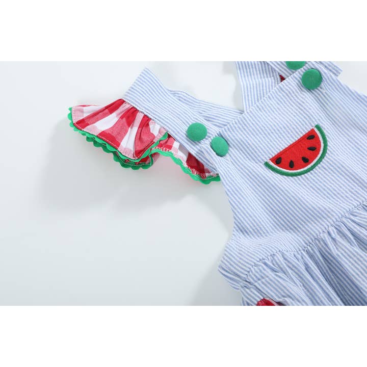 Lil Cactus - Wholesale Bodysuit (Non-Footed) - Baby - Light Blue Seersucker and Gingham Watermelon Ruffle Romper