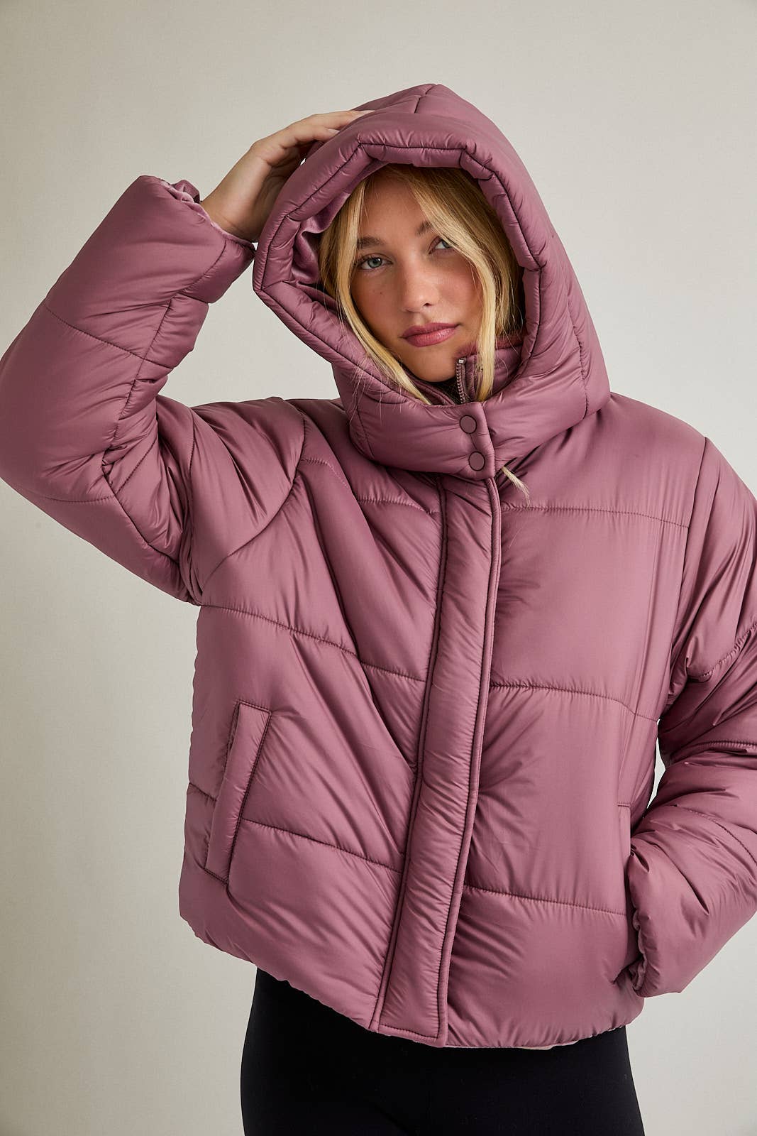 MAUVE PUFFER JACKET WITH ATTACHABLE HOODIE for wholesale on Faire1