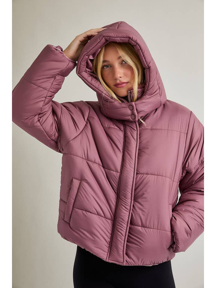 MAUVE PUFFER JACKET WITH ATTACHABLE HOODIE for wholesale on Faire1