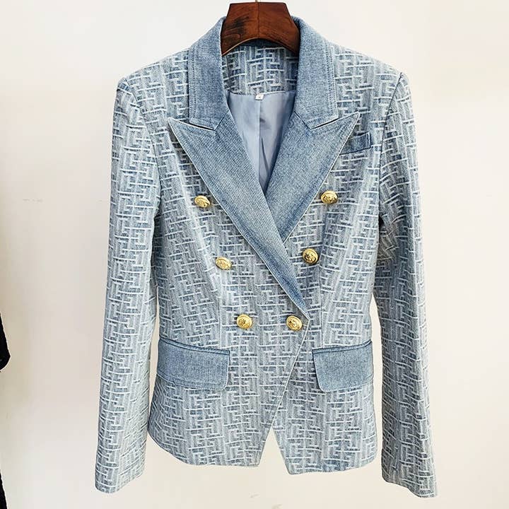 Blau Slim Fit Damenblazer aus Jacquard-Denim mit goldenen Löwenknöpfen für den Großhandel auf Faire6