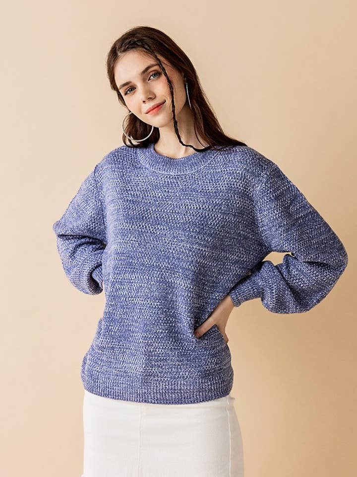 noflik - Wholesale Knit Sweater - Women's - Plus Round Neck Balloon Sleeve Heather Sweater - INT1029P_8
