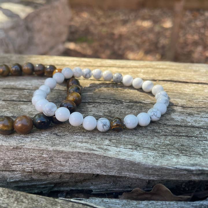 White Howlite and Tiger Eye elastic distance bracelets for couples for wholesale by Boutique Bohème