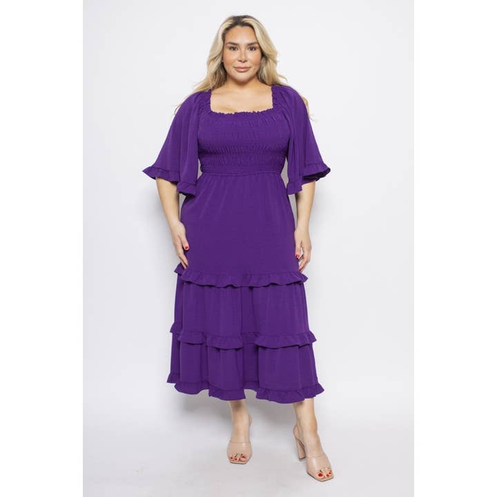 PLUS SIZE SQUARE NECK SMOCKED BODICE BELL SLEEVE RUFFLE TRIM for wholesale by Curve Market