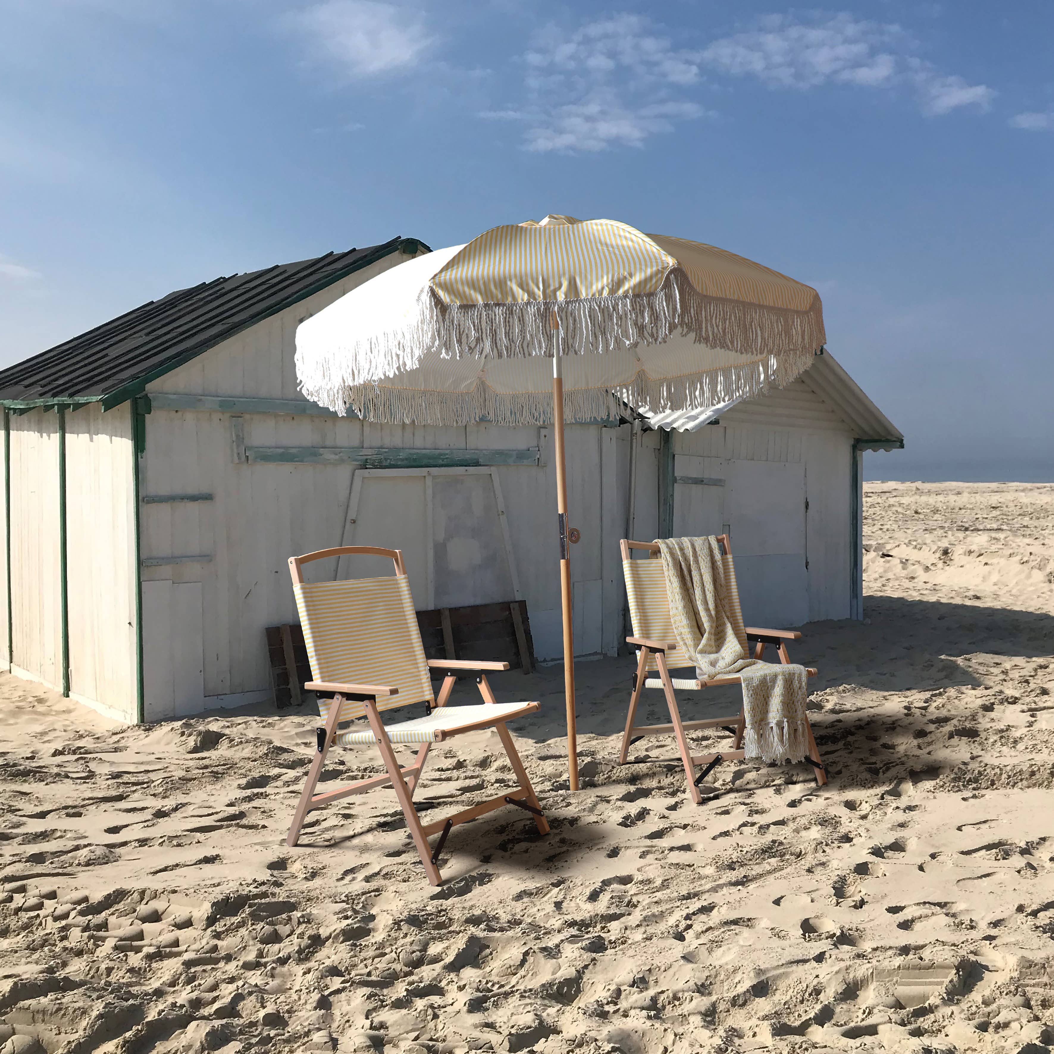 Now's Home - Venta al por mayor Sillas plegables - Silla de playa plegable Playa con estructura de madera de haya y poliéster amarillo a rayas1