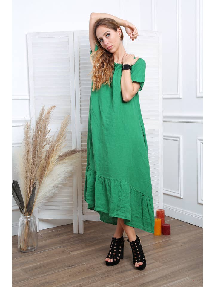 Happy look - Wholesale Dress - Women's - Long Linen Dress with Short Sleeves and Elastic Collar23