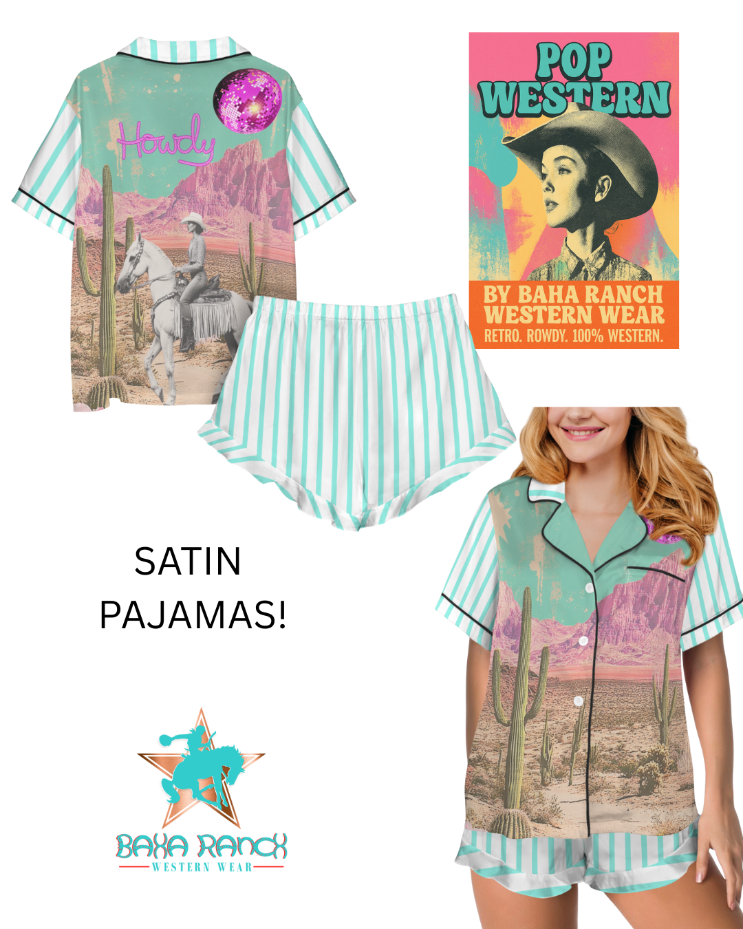 BAHA RANCH WESTERN WEAR - Wholesale Sleepwear Set - Women's - Baha Ranch Retro Pop Western Howdy Desert Cowgirl Satin Pajamas9