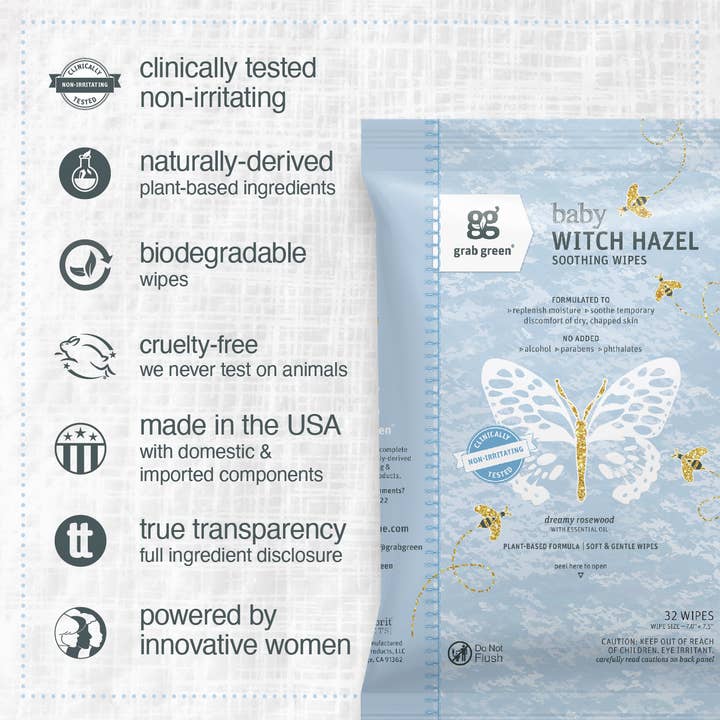 Grab Green - Wholesale Face & Body Wipes - Baby - Baby Witch Hazel Wipes Rosewood 32 Sheets