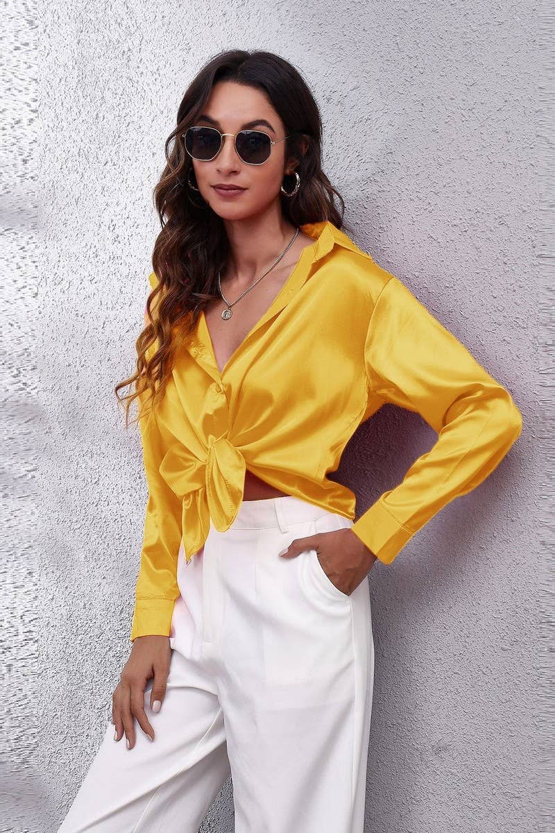 NINEXIS - Wholesale Button Down Shirt - Women's - CWTBLL0691_Button Down Silky Satin Long Sleeve Top51