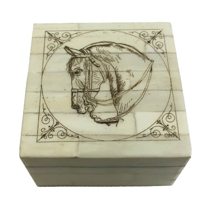 Horse Head Scrimshaw Etched Bone Box, 3-1/4" for wholesale by Madison Bay Co. - Historical Home Decor Reproductions