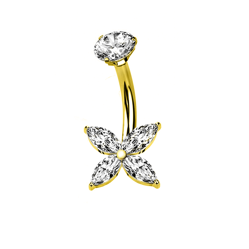 AMORINO SRL - Wholesale Belly Ring - BANANA PIERCING WITH ZIRCONIA FOUR PETALS - JQ1200B0861