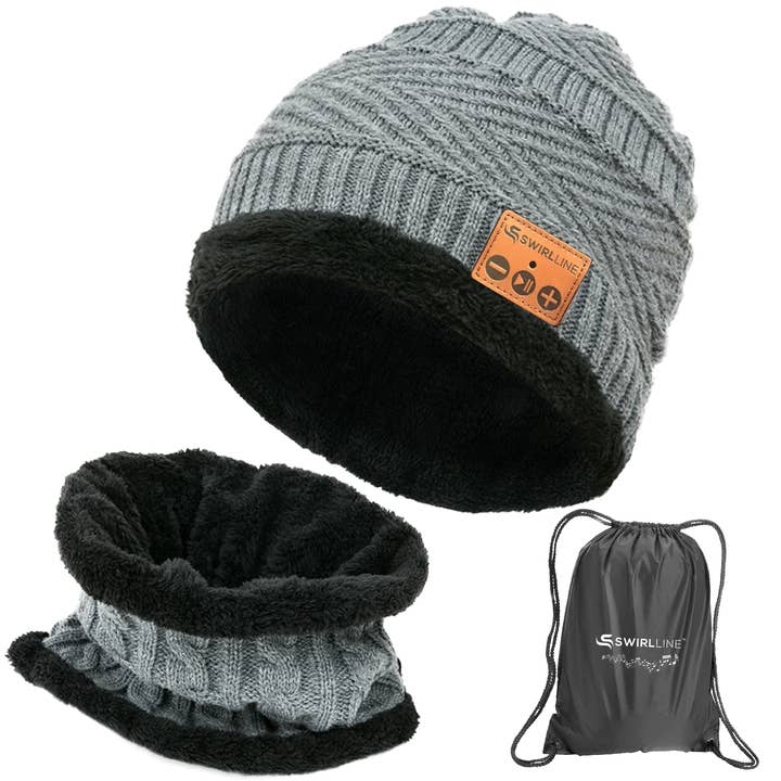 SWIRLLINE - Vendita all'ingrosso Berretto - Unisex - Cappello e sciarpa wireless Bluetooth caldi - Berretto grigio per cuffie