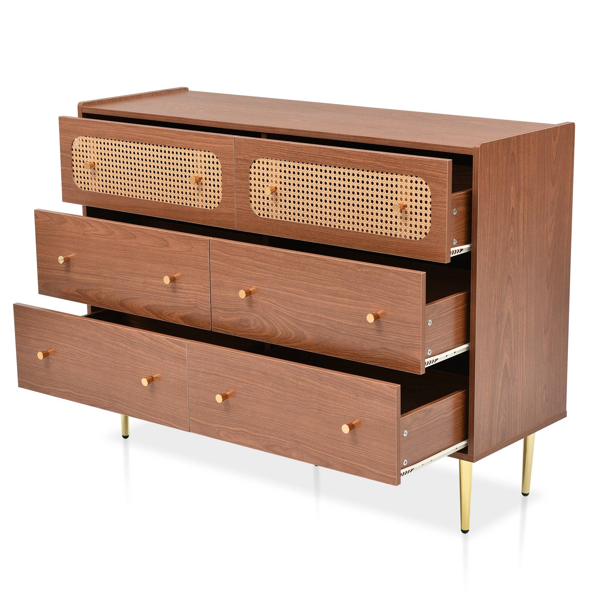 Urban Meuble - Wholesale Cabinet - Vintage sideboard with 6 rattan drawers, golden handles and legs, 120*90*40cm DELMO4