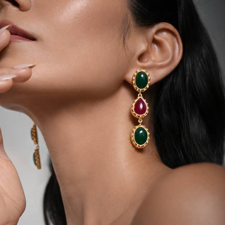 Red and Green Onyx Gold Artisanal Dangle Statement Earrings for wholesale by DIORA