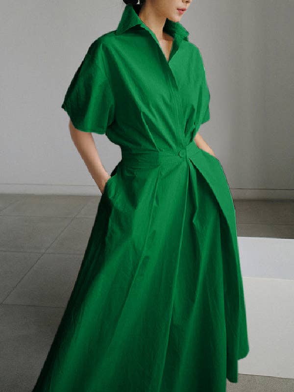 VividLux - Wholesale Dress - Women's - High Waisted Loose Pleated Solid Color V-Neck Midi Dresses5