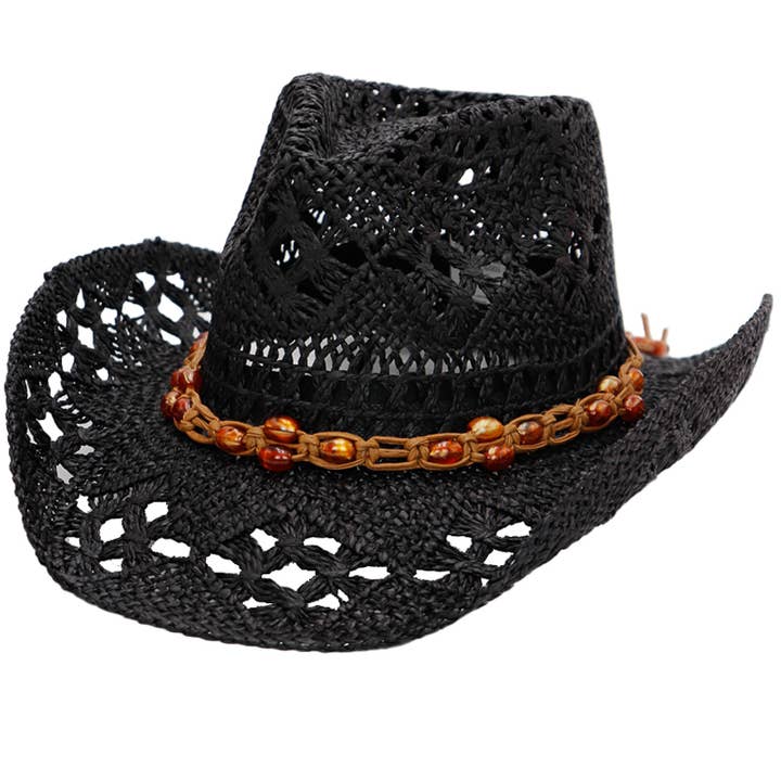 Cap Zone - Wholesale Cowboy Hat - Women's - Beaded Crochet Crushable Straw Cowboy Hat
