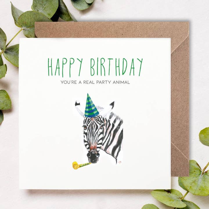 Zebra Happy Birthday Card 'you're a real party animal' for wholesale by Patricia Grace Art