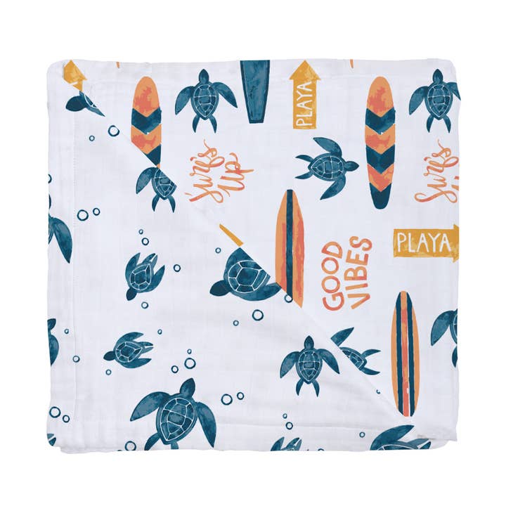 Surf + Sea Turtles Oh-So-Soft Muslin Snuggle Blanket for wholesale by Bebe au Lait