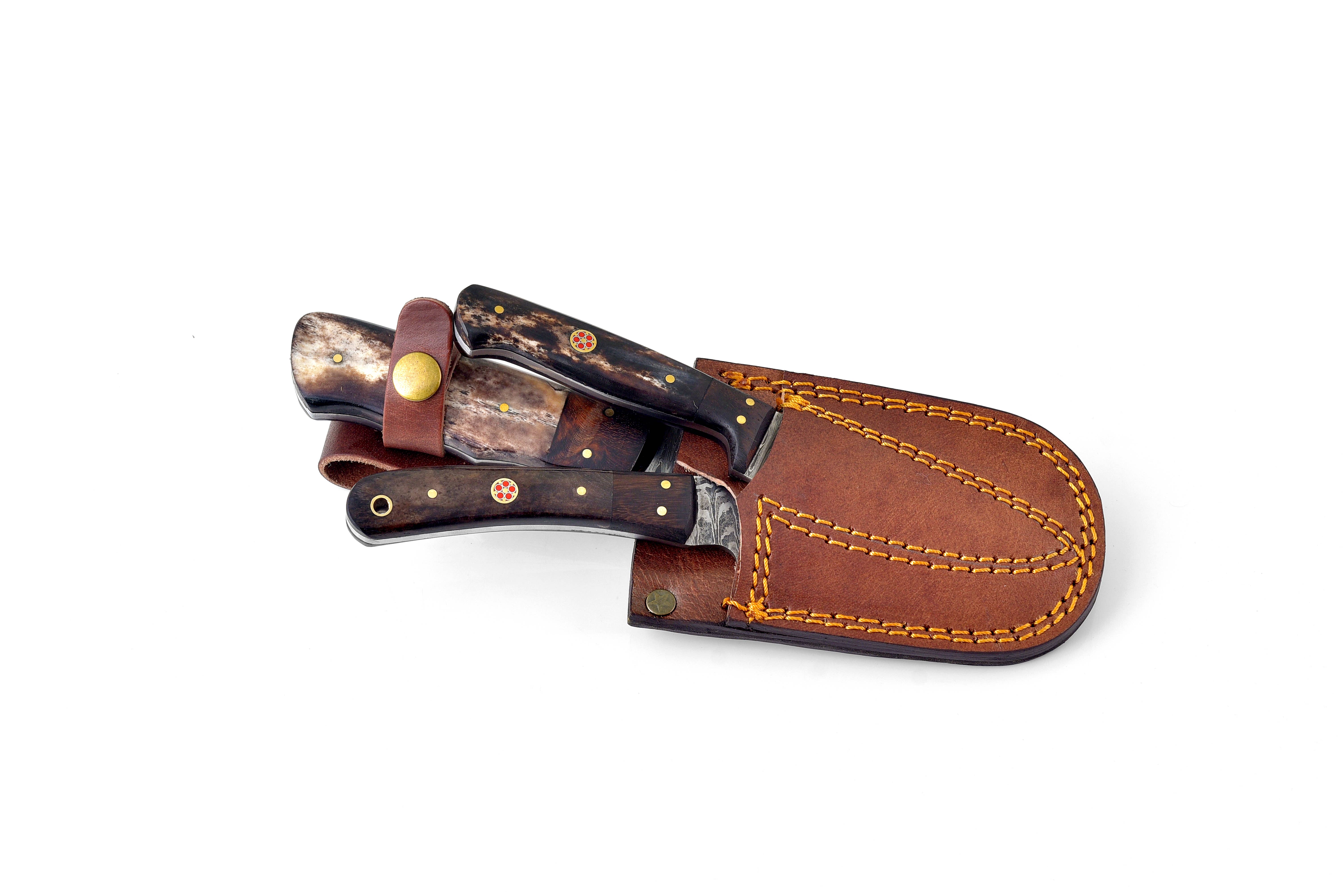 Titan International - Vente Couteau de poche/étui - Set de chasse et de plein air en acier damassé TK-071 (LIMITÉ)1