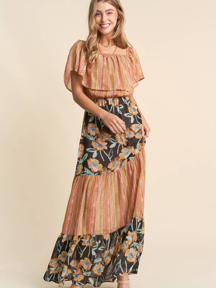 Sunset fields Off Shoulder Tiered Floral Maxi Dress for wholesale on Faire