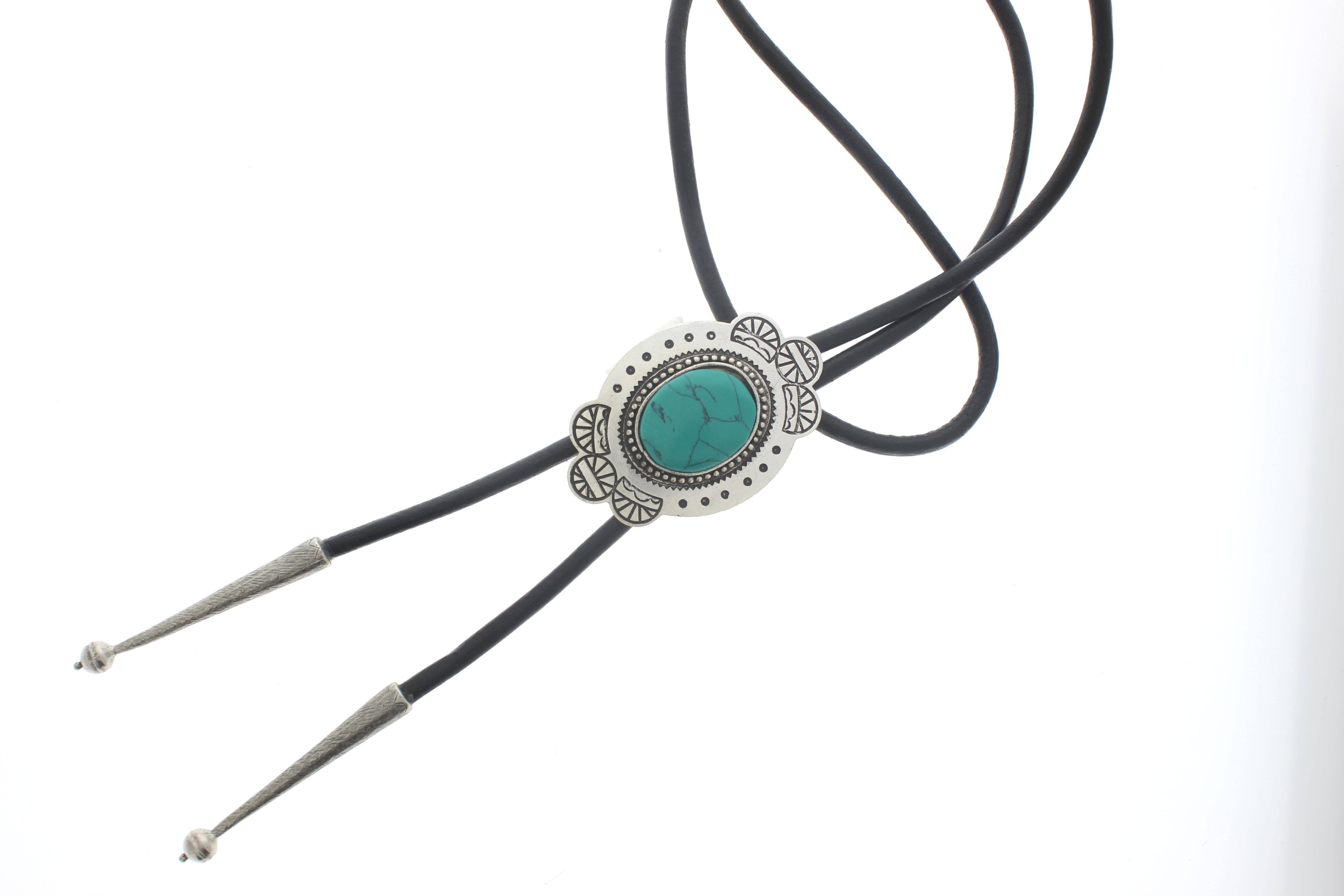 HHH Designs - Wholesale Woven Necklace - Silver Ornate Turquoise Bolo Tie, Black, Brown Cord, each