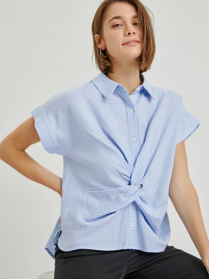 Twisted front button down shirt P00351 for wholesale by Petal Dew