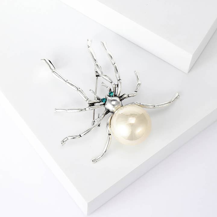 Tourtiwi - Wholesale Brooch - Gothic Silver Spider Brooches with Pearl Bodies2