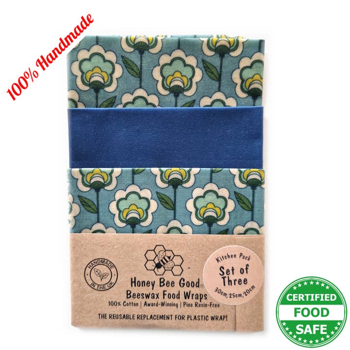 3 (L,M,S) HANDMADE Beeswax Wraps | Mod Poppies for wholesale by Honey Bee Good