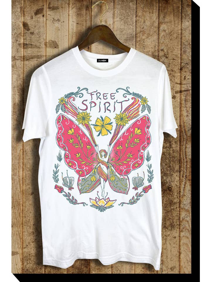 2&moon - Wholesale Screen printed t-shirt – Women′s - Giving Butterfly Free Spirit Graphic Tee.