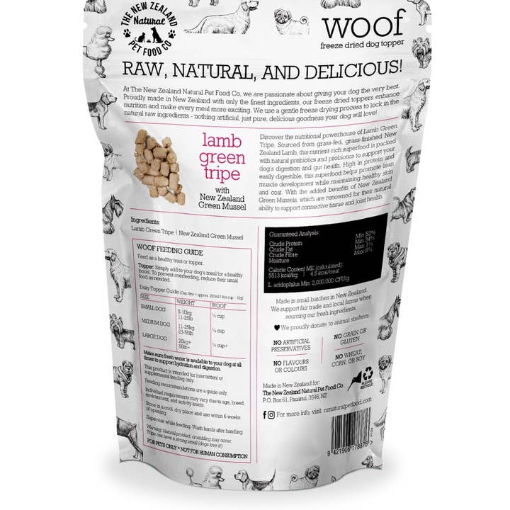 The New Zealand Natural Pet Food Co - Wholesale Pet Treats - Dog - Woof Lamb Green Tripe Topper 6.3oz1