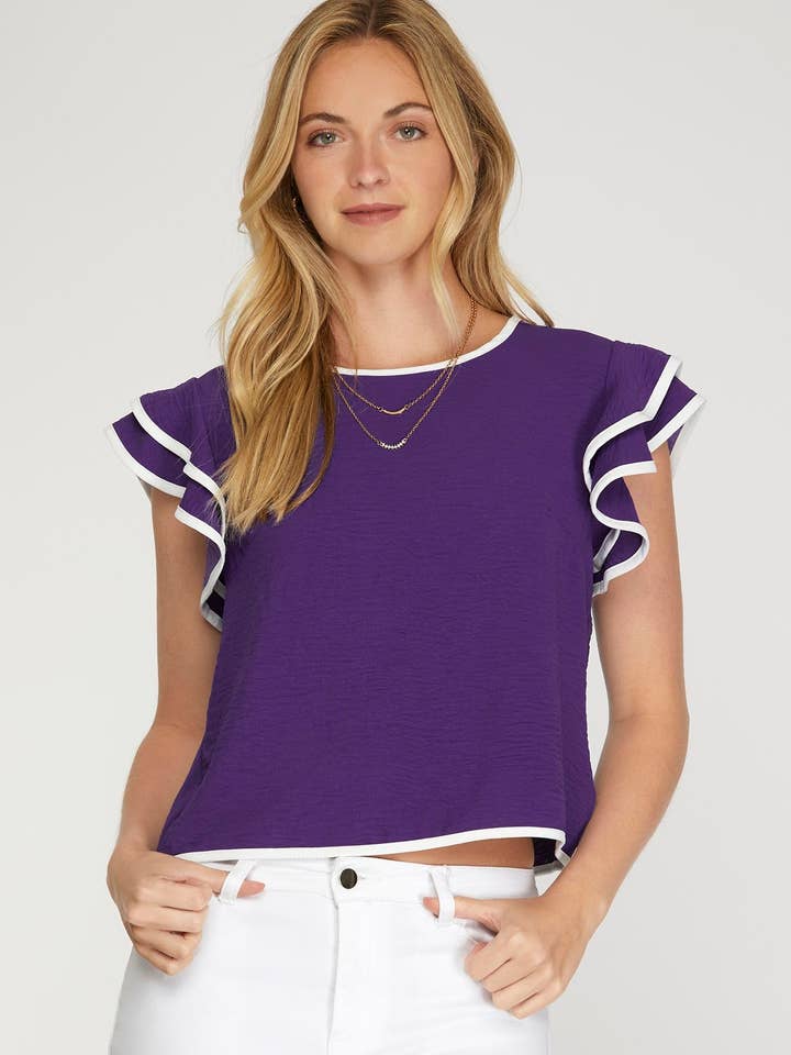 PL2370 - GAME DAY RUFFLE SLEEVE CONTRAST PIPING TOP for wholesale by Peace Love Line