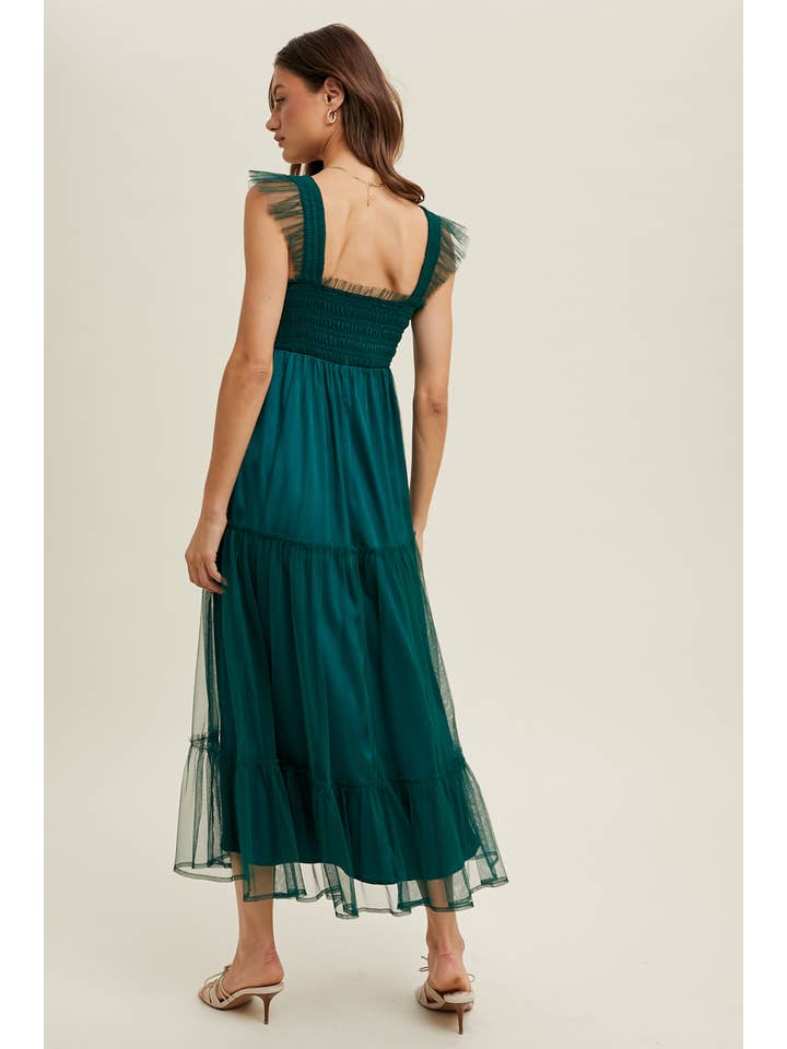 T GREEN ORGANZA TIERED MIDI DRESS / WL24-9372 for wholesale on Faire