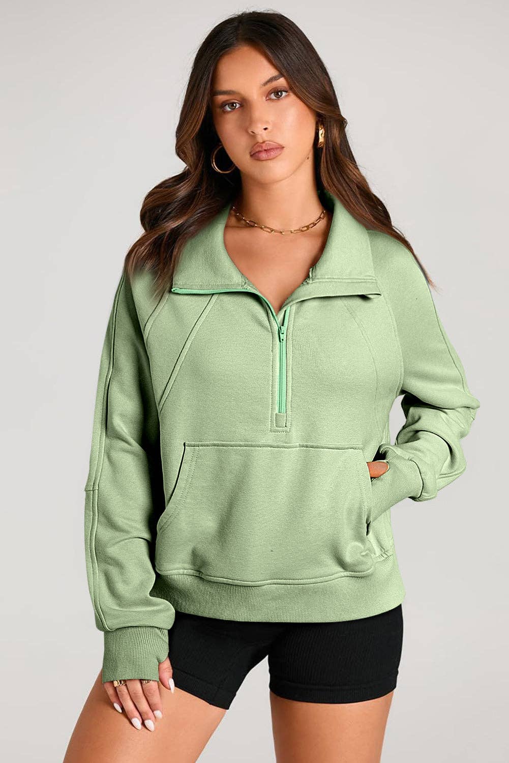 Lovesoft - Wholesale Sweatshirt - Women's - Solid Color Quarter Zip Stand Neck Kangaroo Pocket Sweatshirt13