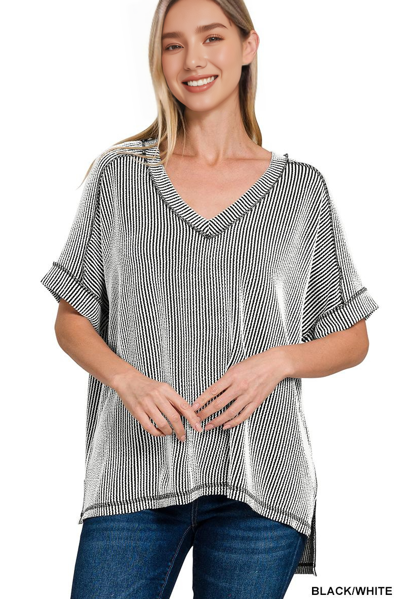 42POPS – wholesale Stickad topp - Dam – .Corded Rib Kortärmad Topp med Rå Kant57