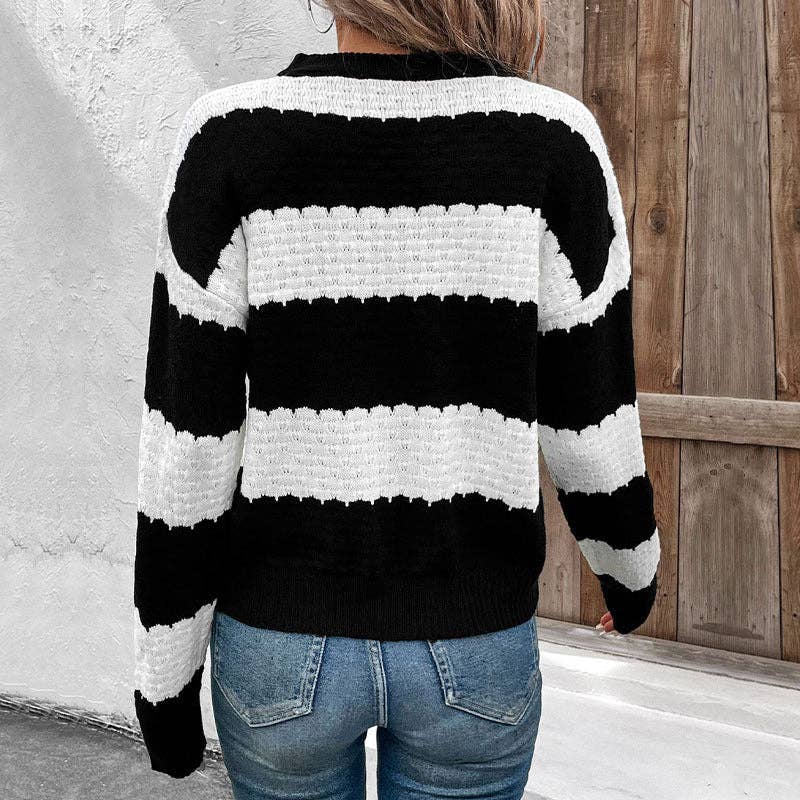 Crew Neck Black And White Striped Knit Pullover for wholesale on Faire1
