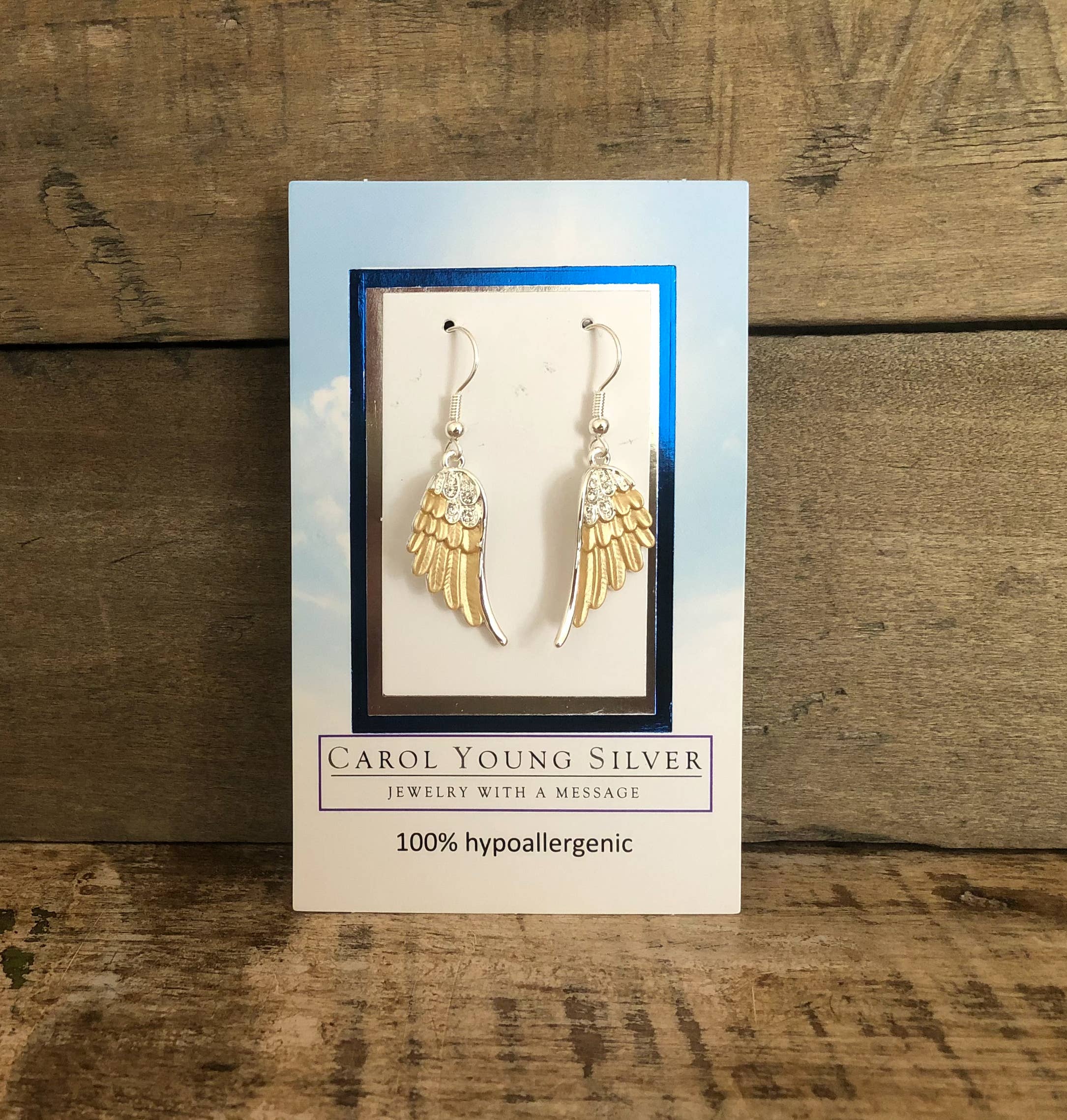 Carol Young Silver - Wholesale Dangle Earrings - Angel Wings Earrings / 2 Tone / Drop Wire on CARD/Jewelry