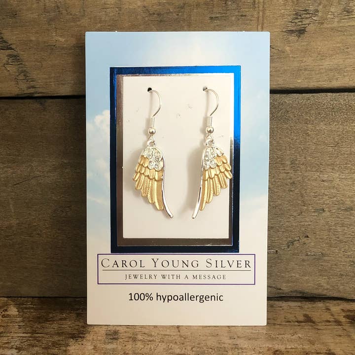 Carol Young Silver - Wholesale Dangle Earrings - Angel Wings Earrings / 2 Tone / Drop Wire on CARD/Jewelry0