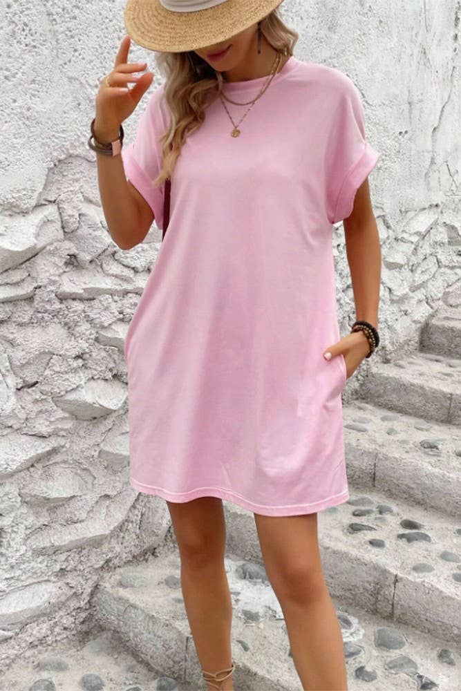 UNISHE - Wholesale Dress - Women's - Plain Fold Cuff Pockets Round Neck T-Shirt Dress ZK133316