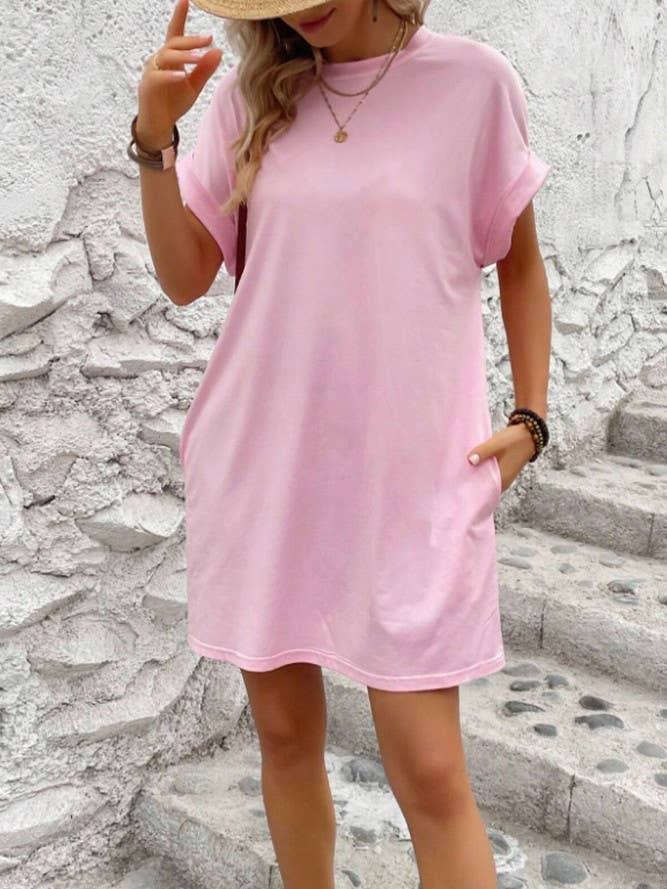 UNISHE - Wholesale Dress – Women's - Plain Fold Cuff Pockets Round Neck T-Shirt Dress ZK133316
