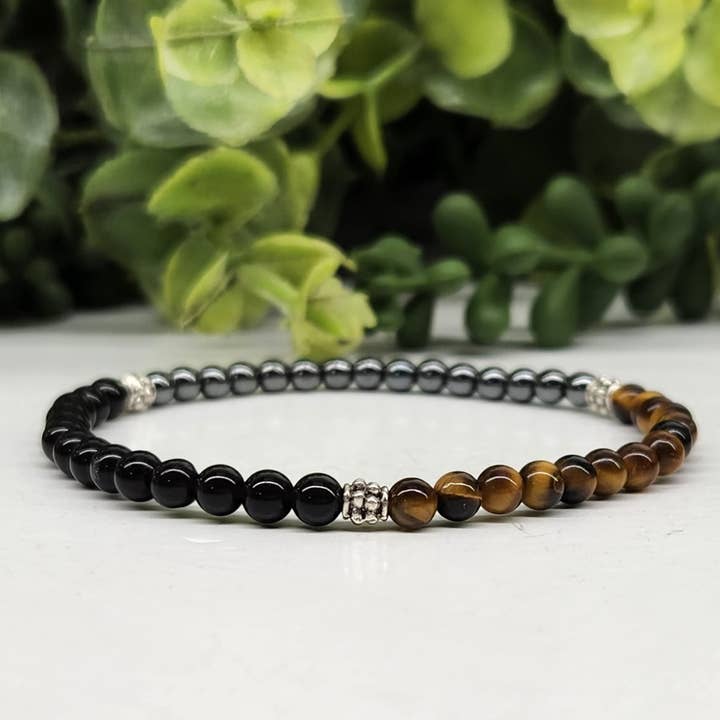 Meraki Gemstones - Wholesale Beaded Bracelet - TRIPLE PROTECTION - Hematite/Tiger Eye/Black Obsidian 4MM