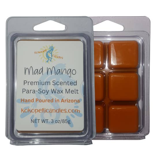 Mélange de cire de soja coulé à la main Mad Mango Scent pour la vente par Kokopelli Candle Co.